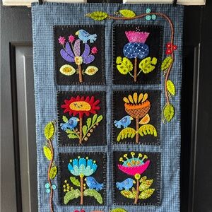 Handmade Floral Fiber Art Wall Hanging - Blue with Multicolor Appliqué